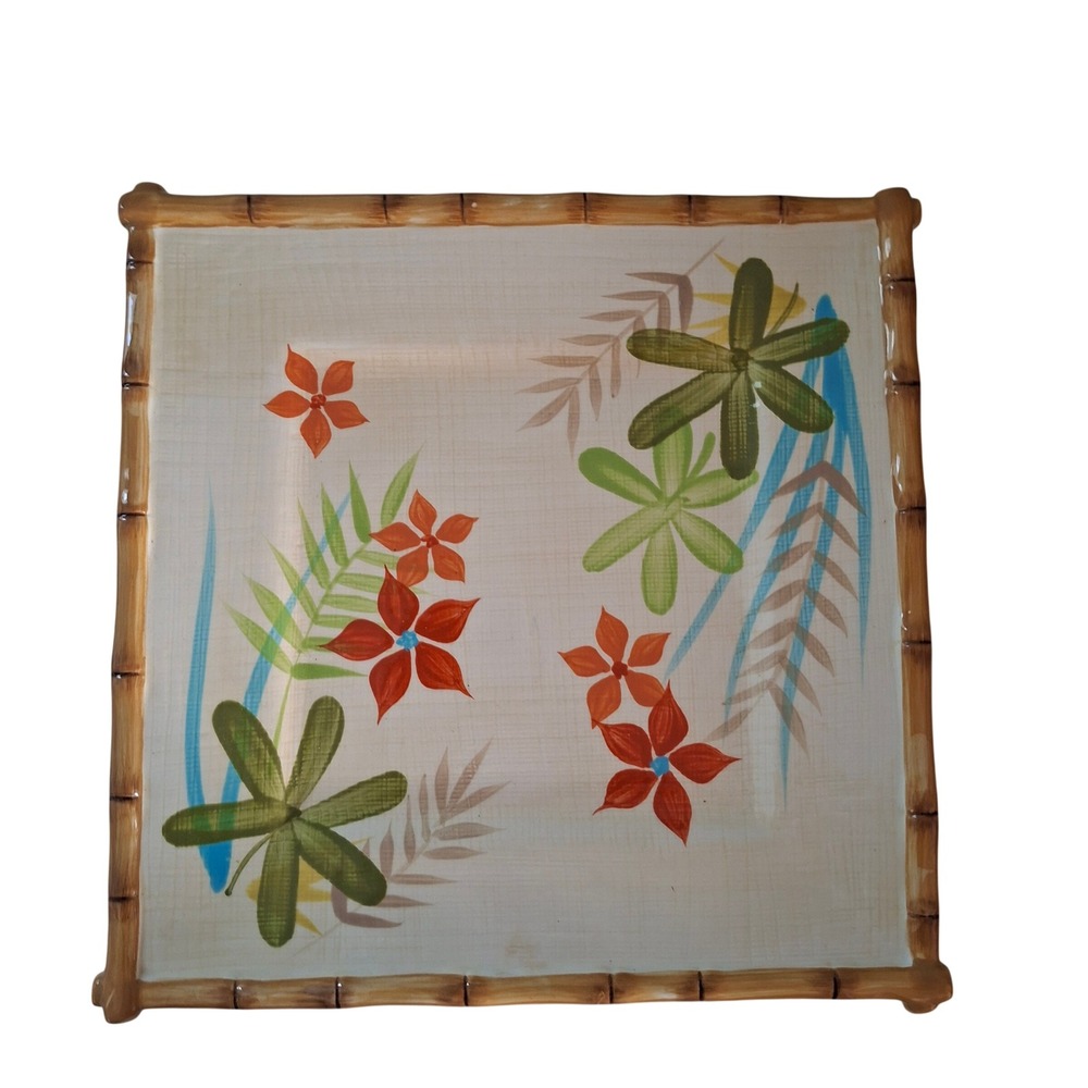 Target Home Ipanema Square Platter Tropical Floral Bamboo Rim Cream Excellent